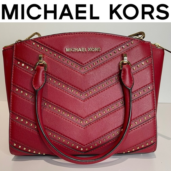Michael Kors Handbags - Michael Kors Ellis Leather Convertible Crossbody Studded Satchel Scarlet Red EUC